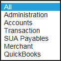 Report Category filter options: All, Administration, Accounts, Transaction, SUA Payables, Merchant, QuickBooks